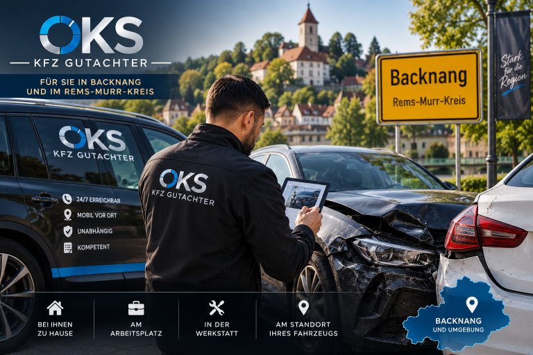 Mobiler Kfz Gutachter OKS in Backnang bei der Begutachtung eines Unfallschadens vor Ort