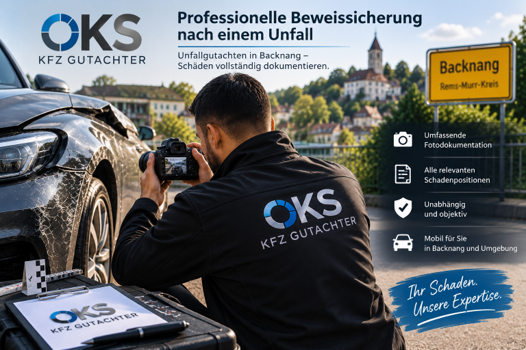 Kfz Gutachter OKS in Backnang bei der professionellen Beweissicherung und Fotodokumentation eines Unfallschadens
